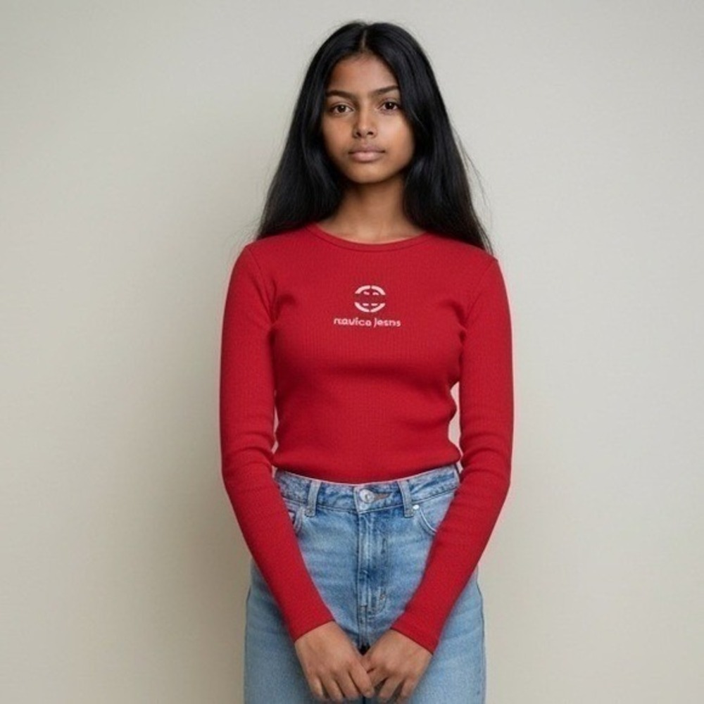 Nautica Jeans Red Long Sleeve Ribbed T-Shirt Top Logo Graphic Women's Size Large